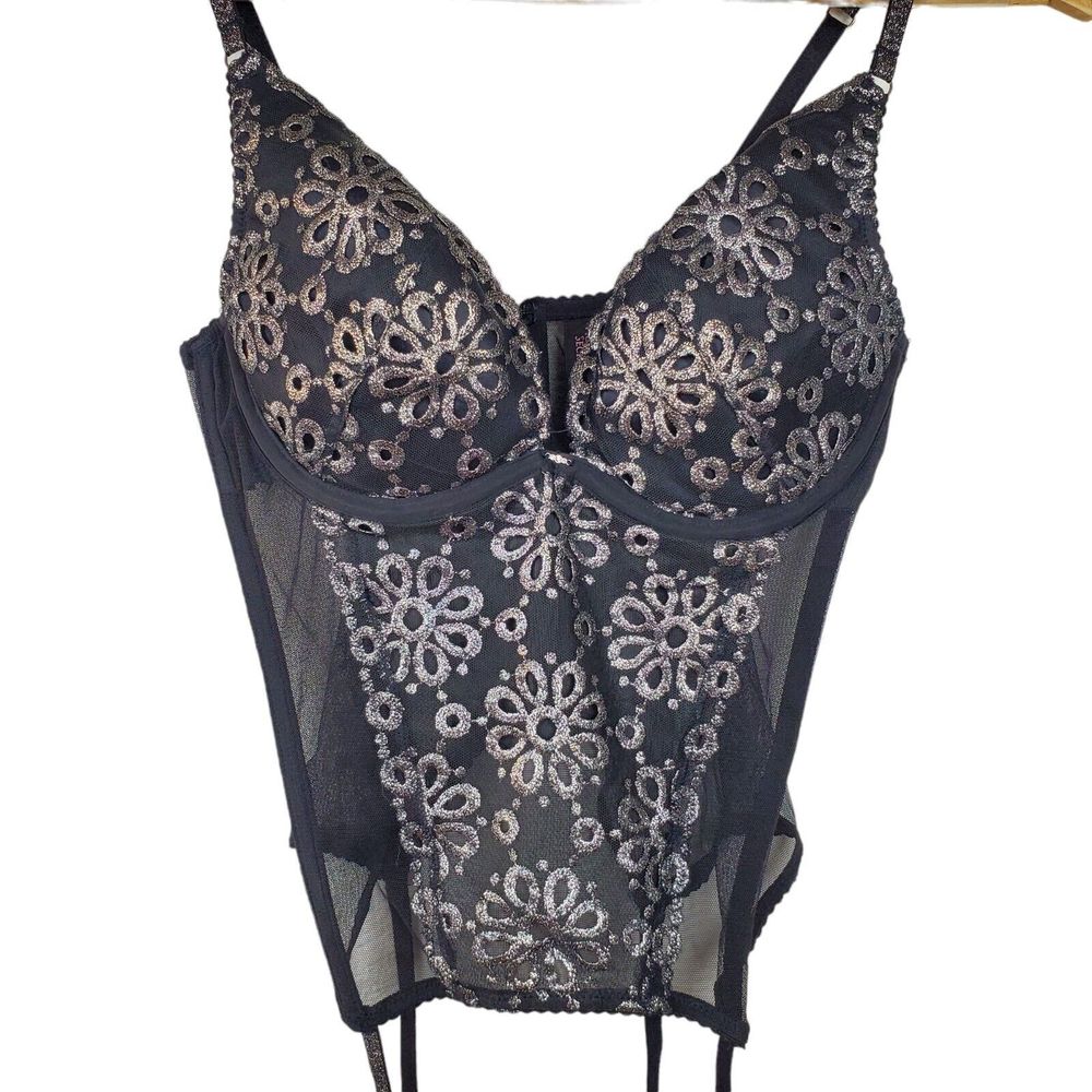 Victoria's Secret Black Silver Embroidered Floral Bustier Corset Bra Sz 34C
